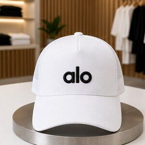 ALO Yoga White Black Clean Mesh Trucker Cap Hat Activewear